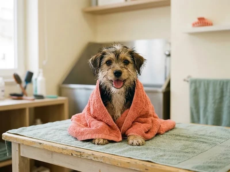 Cão pequeno depois do banho, com toalha
