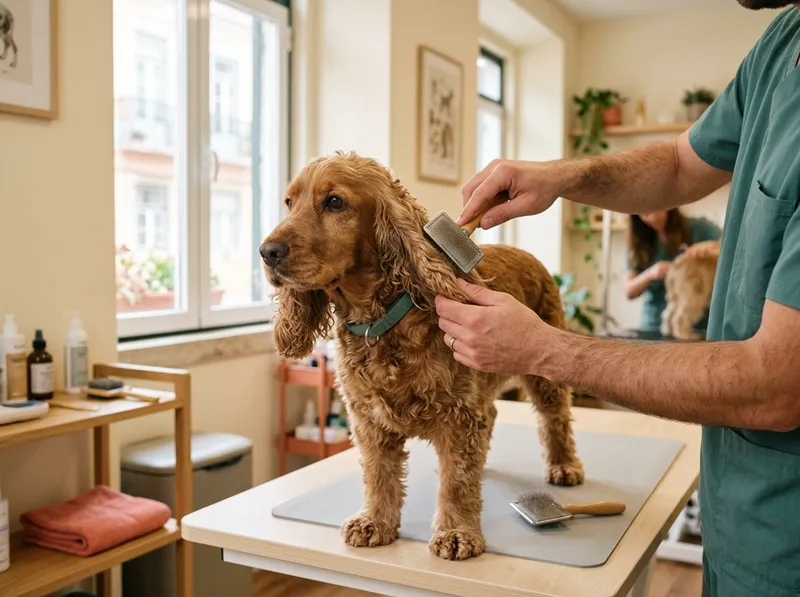 Cão a ser tosquiado na mesa de grooming