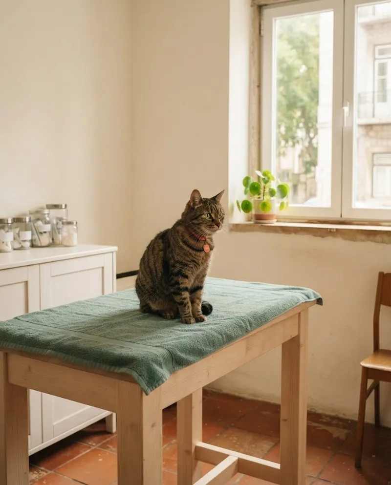 Veterinária a examinar com cuidado um gato na mesa de consulta