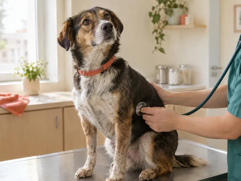 Cão a ser auscultado com estetoscópio
