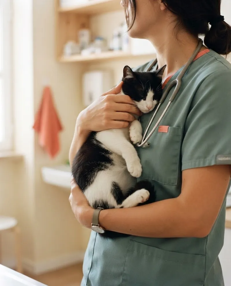 Mãos da veterinária a segurar um gato tranquilo
